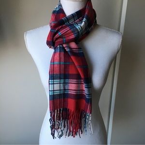 Women’s Scarf Cashmere Blend Red Plaid EUC Italian Design White Blue